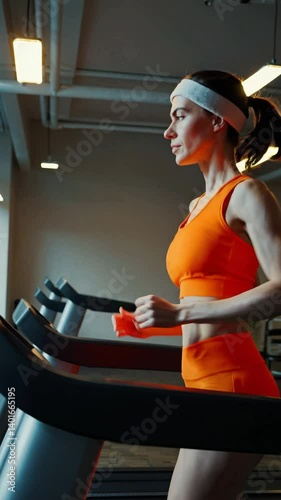 Wallpaper Mural Sporty woman workout on treadmill in modern fitness gym. Adult lady in orange running in interior sports center, exercises treadmill. Cardio working out and sport training concept.  Torontodigital.ca