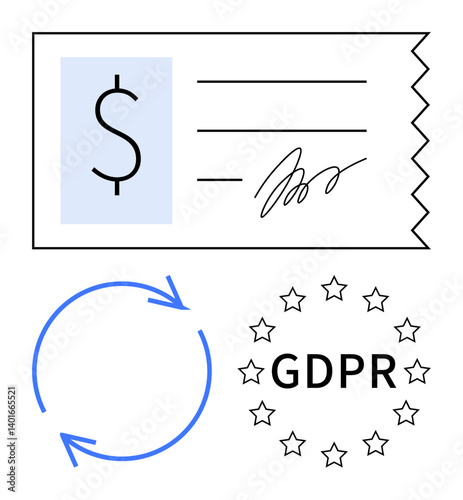 Receipt with dollar sign and signature, GDPR text within stars, circular arrows indicating process. Ideal for finance, compliance, data protection, legal, process management, privacy digital