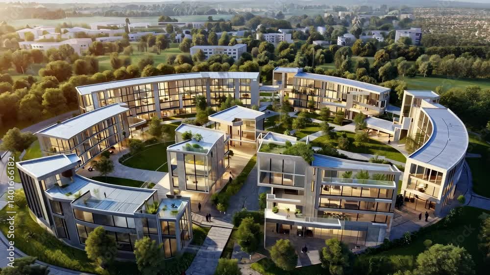 Modern architectural complex with curved buildings surrounded by lush greenery, blending sustainable design and urban living