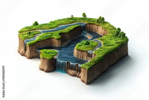 Scenic Waterfall Landscape with Green Grass and Flowing River Illustration