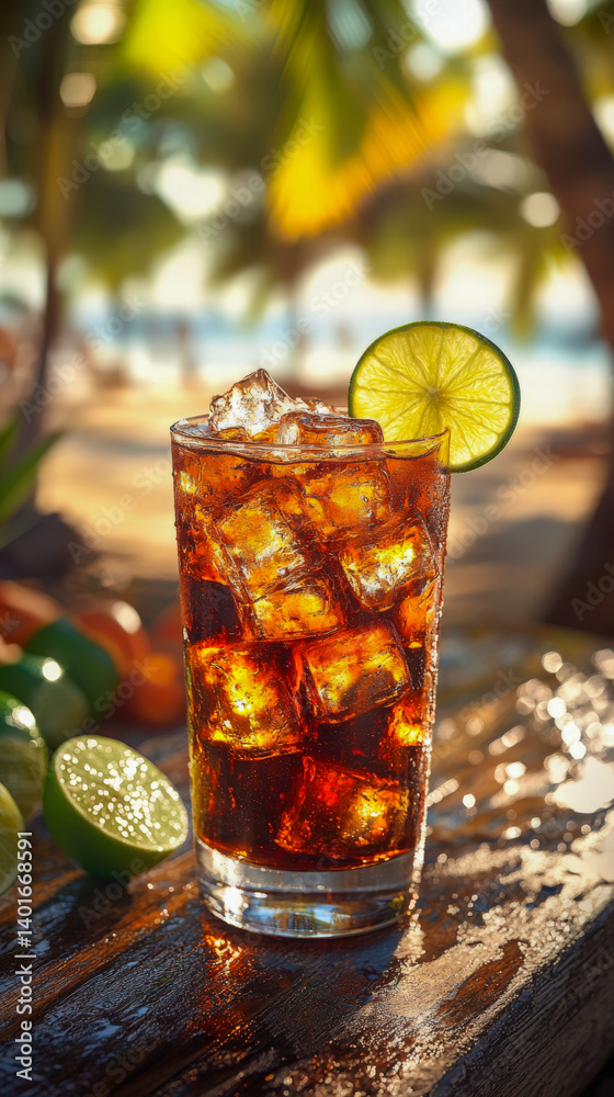 Refreshing Cuba libre served over ice at a sunny beach with palm trees in the background during a warm afternoon Refreshing Cuba libre served over ice at a sunny beach with palm trees in the background during a warm afternoon