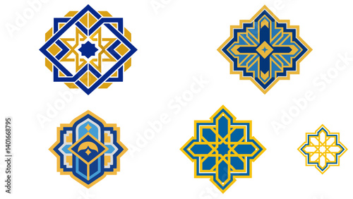 Islamic geometric patterns in minimalist style with blue and gold colors  