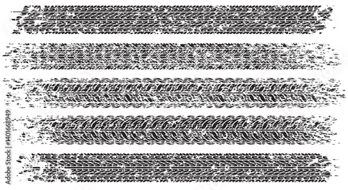 Set of five shabby, grunge style, dirty vector traces of tires.