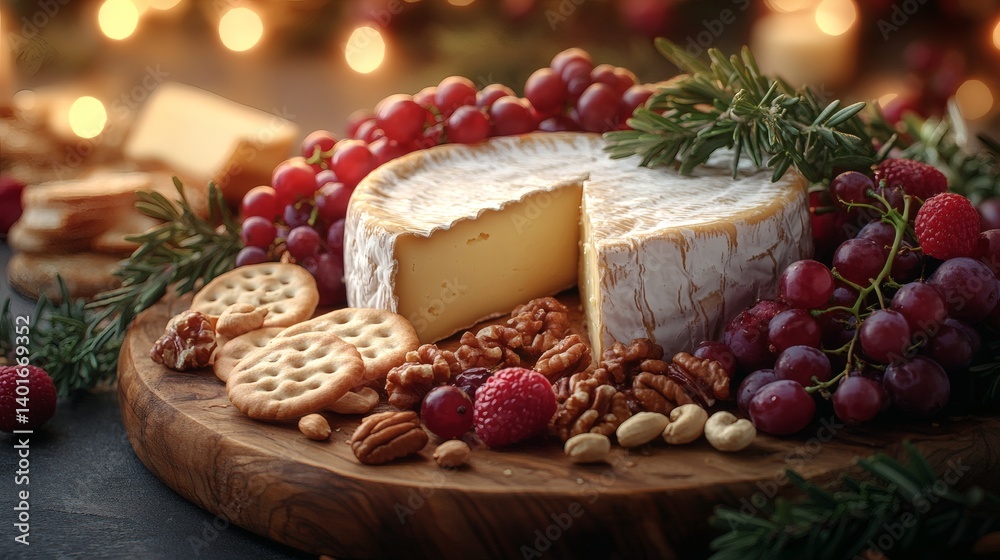 A delicious cheese board arranged with grapes and crackers A delicious cheese board arranged with grapes and crackers