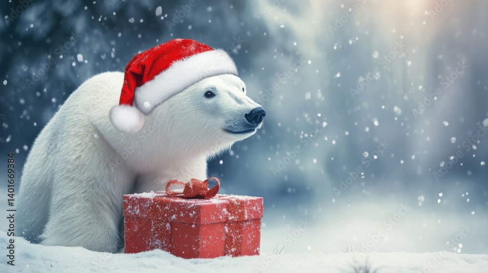 Fototapeta premium A polar bear wears a santa hat with a red present