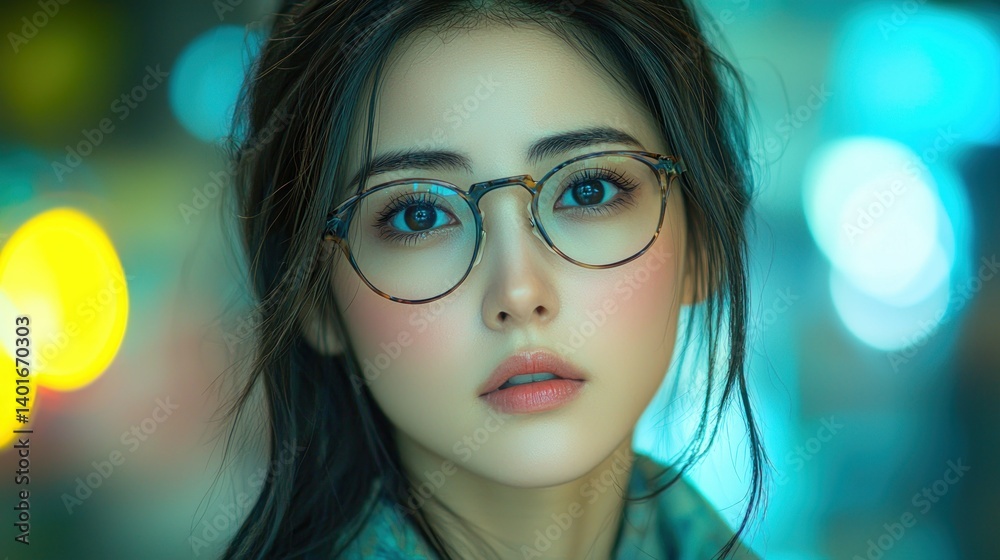 Portrait of a Young Woman with Glasses in a City at Night Portrait of a Young Woman with Glasses in a City at Night