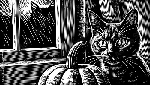 "Distorted Halloween cat element with a retro stippling effect, halftone dots, and photocopy grain. Grunge surreal vector illustration for a dark experimental collage, featuring eerie expressions and 