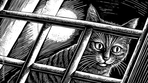 "Distorted Halloween cat element with a retro stippling effect, halftone dots, and photocopy grain. Grunge surreal vector illustration for a dark experimental collage, featuring eerie expressions and 