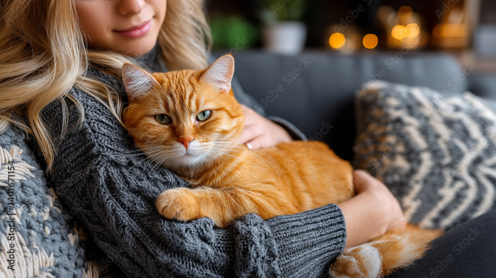 Cozy Home With Ginger Cat: Relaxed Indoor Moments of Pet and Owner Affection on Sofa