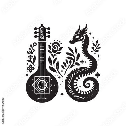 Wallpaper Mural Black Color Lute Silhouette Vector Illustration, Solid White Background Torontodigital.ca