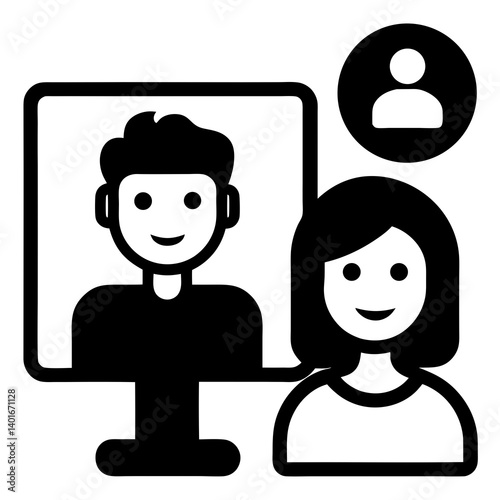 Video Call Icon Vector of Man on Screen and Woman in Virtual Meeting

