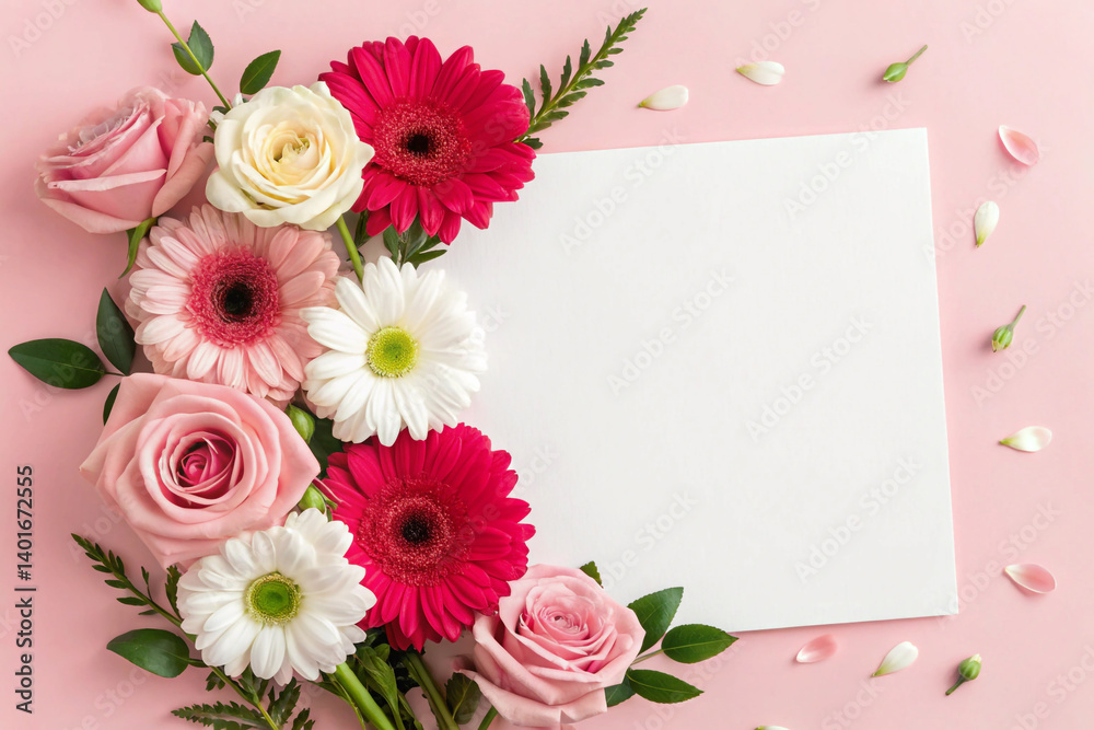 Elegant Floral Arrangement Featuring Roses And Gerberas On Pink Backdrop With Blank Card