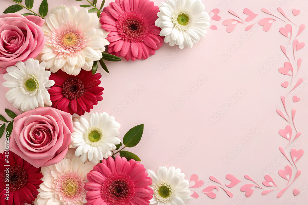 Floral Frame With Pink Roses And Gerberas With Hearts On Pink Background Floral Frame With Pink Roses And Gerberas With Hearts On Pink Background