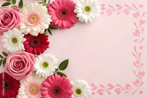 Floral Frame With Pink Roses And Gerberas With Hearts On Pink Background