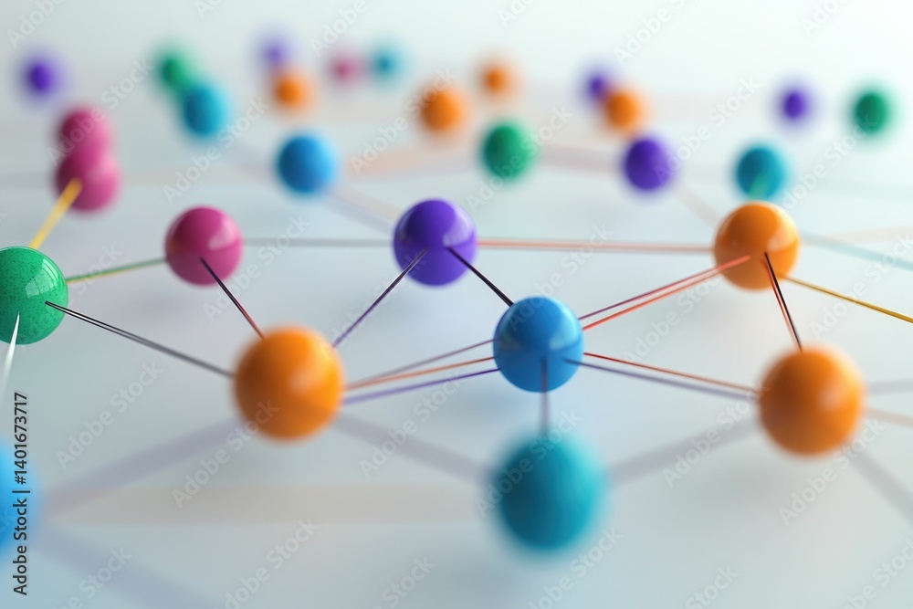 Obraz premium Connected Colorful Spheres Network Illustrating Data Communication and Social Connections
