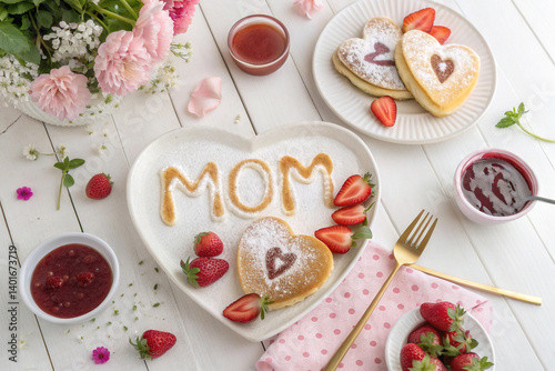 Heart Shaped Pancakes With Strawberries For Mothers Day Festive Breakfast Table