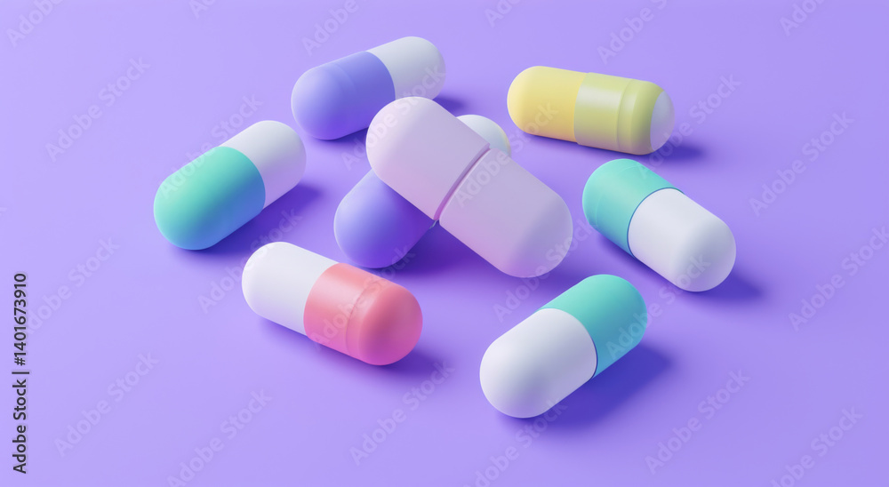 Studio, medicine and healthcare with pills for vitamins, supplement and healing support. Healthy, tablets and colorful drugs with capsule for medical help, treatment and cure on purple background Studio, medicine and healthcare with pills for vitamins, supplement and healing support. Healthy, tablets and colorful drugs with capsule for medical help, treatment and cure on purple background