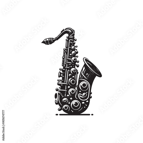 Black Color Saxophone Silhouette Vector Illustration, Solid White Background