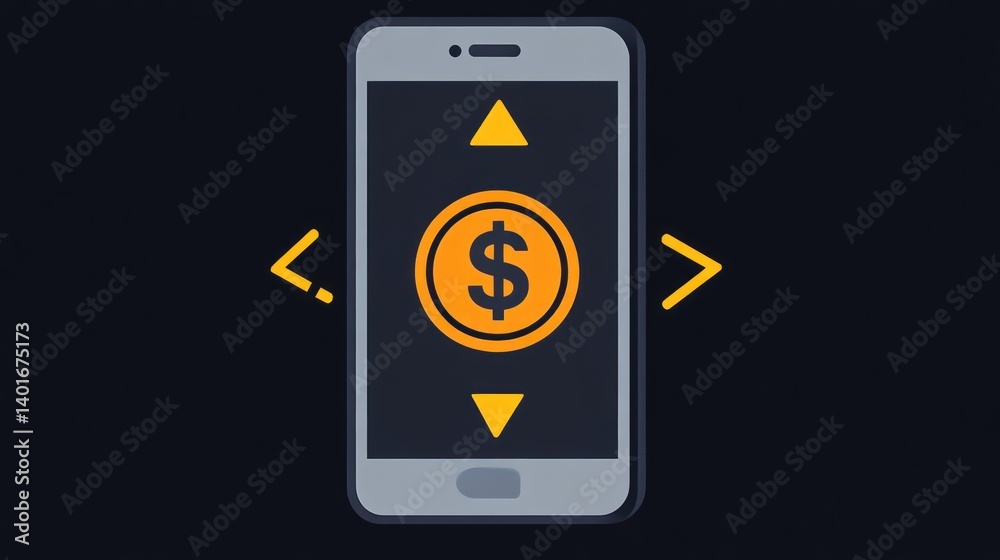 Fototapeta premium Mobile Phone Displaying Dollar Coin with Arrows Finance and Technology Concept