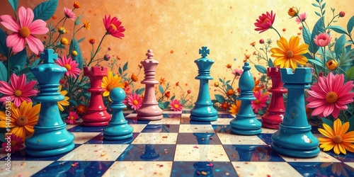 Vibrant Chess Pieces Adorned with Colorful Floral Surroundings on a Checkered Board