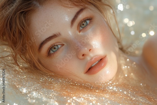 Hyper-realistic portrait of a beautiful blonde woman in golden flowers garden