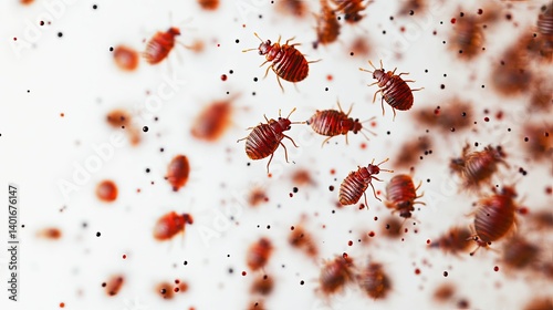 A swarm of bed bugs in motion against a white background.