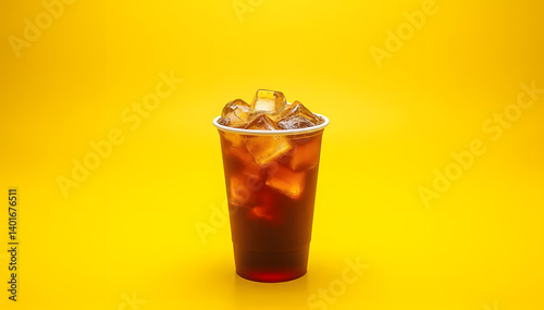 ice coffee to go. paper cup with coffee on a yellow background