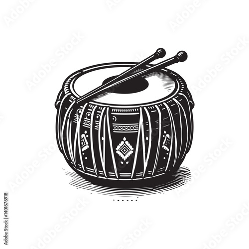 Black Color Tabla Silhouette Vector Illustration, Solid White Background