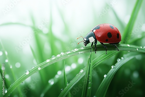 Ladybug on Grass Blade Red Insect Minimalist Composition High Key Lighting