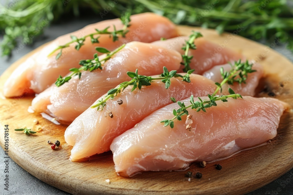 Fresh Rustic Chicken Fillets Garnished with Herbs Close Up Fresh Rustic Chicken Fillets Garnished with Herbs Close Up