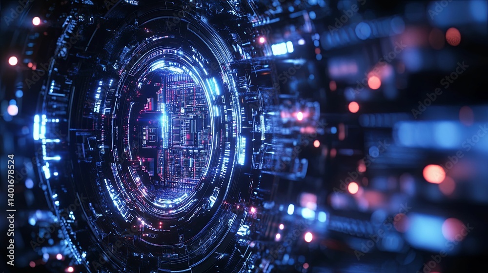 A futuristic digital circuit tunnel with glowing neon lines. A futuristic digital circuit tunnel with glowing neon lines.
