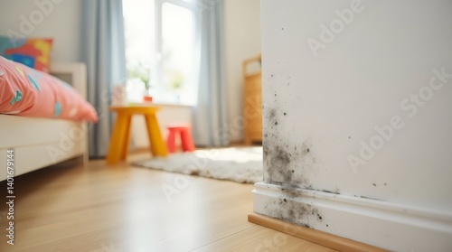 Mold growth on wall in kids’ room, near toys and bed