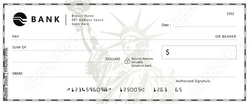 Minimalist bank check design with central Statue of Liberty grayscale line art. White/gray tones, formal fields for payee, amount, and memo.