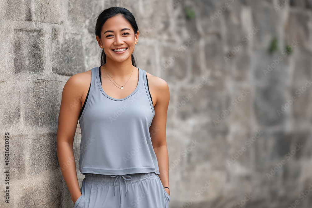Confident young woman in athletic wear smiling against a textured stone wall showcasing fitness and wellness lifestyle healthy living concept Confident young woman in athletic wear smiling against a textured stone wall showcasing fitness and wellness lifestyle healthy living concept