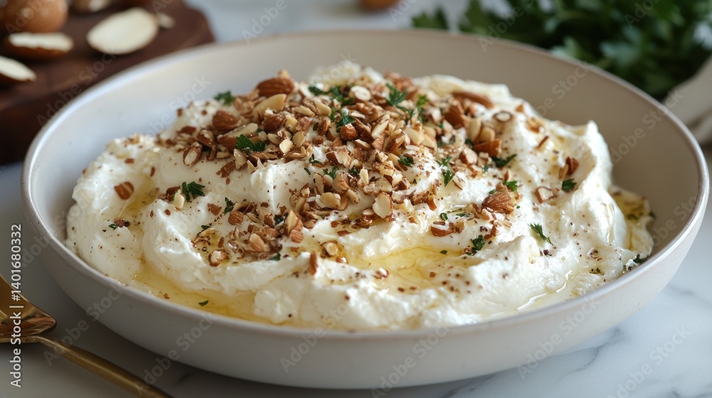 Create an all-cream-colored dish featuring velvety cashew butter, soft burrata, and toasted almond flakes Create an all-cream-colored dish featuring velvety cashew butter, soft burrata, and toasted almond flakes