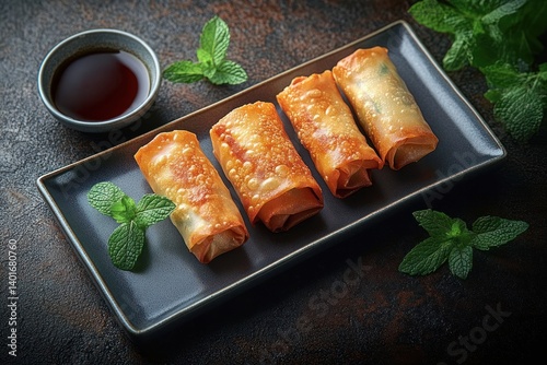 Crispy Spring Rolls with Soy Sauce and Fresh Mint