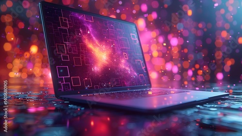 Laptop Displaying Digital Galaxy Background with Geometric Shapes and Vibrant Colors
