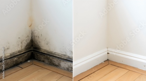 Mold in the corner of a wall above the laminate flooring, photos before and after cleaning Comparative Before and after black mold dirty wall and clean white wall	
