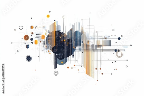 Abstract Geometric Pattern with Lines Circles and Shapes on White Background