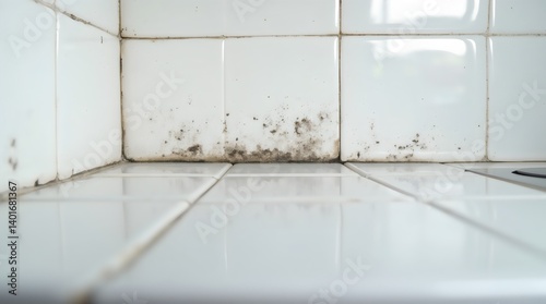 Black mold in grout between white ceramic wall tiles in a kitchen.

