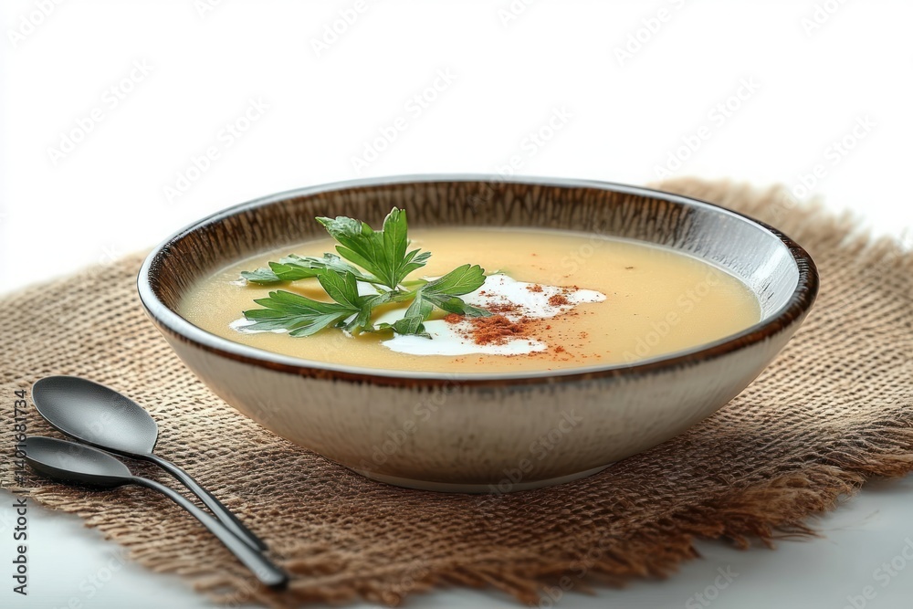 Creamy Vegetable Soup with Fresh Garnish on Rustic Cloth Creamy Vegetable Soup with Fresh Garnish on Rustic Cloth