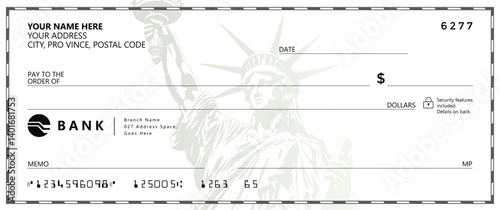 Bank check, vector blank money cheque, checkbook template with guilloche pattern and fields. Currency payment coupon, money check background