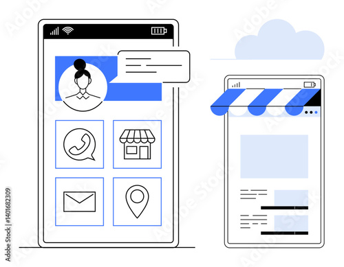Smartphone screen with person profile, messaging chat, contact icons, and location app integration next to an online store interface. Ideal for communication, e-commerce, networking, small business