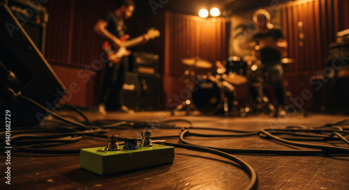 Close up of guitar pedal on wooden floor in music rehearsal studio with band playing blurred background atmosphere