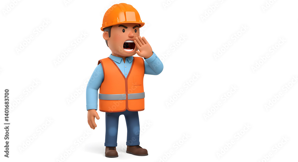 Cartoon construction worker shouting wearing helmet and safety vest in 3D rendering illustration showing the concept of construction site management Cartoon construction worker shouting wearing helmet and safety vest in 3D rendering illustration showing the concept of construction site management