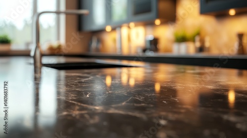 Obraz na płótnie Dark marble countertop with faint reflections, smooth polished finish, set in a blurred modern kitchen with warm neutral tones w salonie
