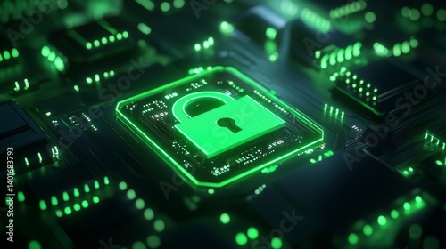 Obraz na płótnie Virtual padlock icon surrounded by user data streams, binary reflections on dark metallic surface, futuristic cyber security close-up, neon green w salonie