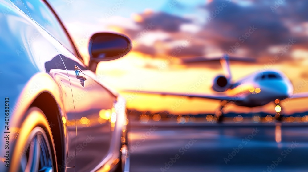 Photorealistic scene of a luxury car and private jet transfer, clean runway setting, sunny blue sky, motion blur on the car, high dynamic range colors