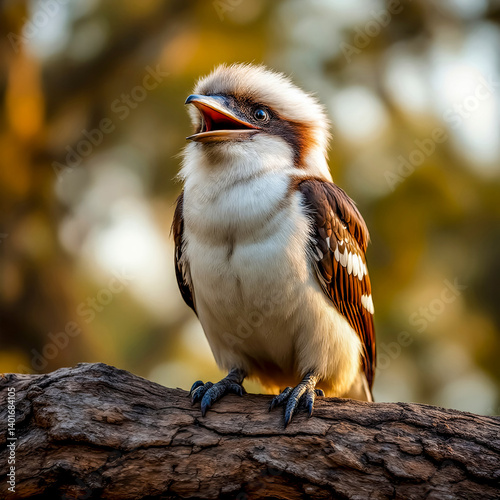 A photo of a Laughing Kookaburra sitting on a eucalyptus branch, its beak slightly open as if mid-laugh. The fine details of its brown and white feathers, along with the textur