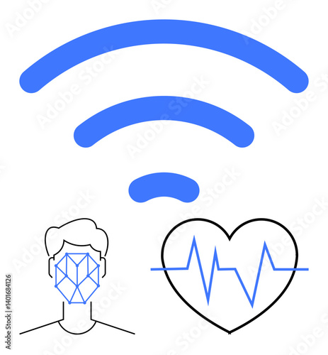 Face with scanner grid, heart with pulse line, wireless signal. Ideal for tech, health monitoring, biometrics, AI, wireless communication IoT digital innovation. Flat simple metaphor